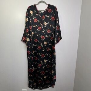 Vintage Barbizon Kimono Nightgown Size Large Black Floral Asian Look/silky/satin